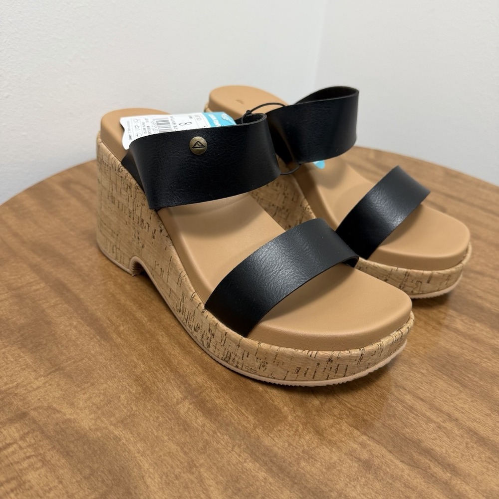 Reef Sunset Ibiza Wedge Sandals‎ Women's Size 8 Black Tan Summer Coastal Straps